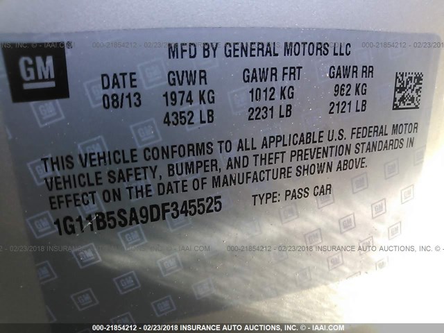 1G11B5SA9DF345525 - 2013 CHEVROLET MALIBU LS ოქროსფერი ფოტო 9