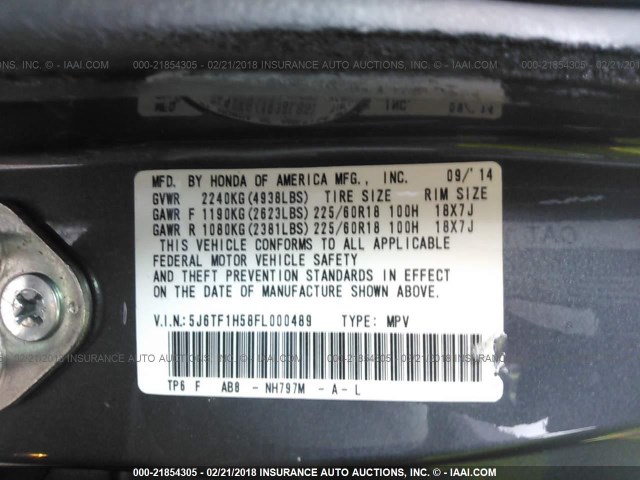 5J6TF1H58FL000489 - 2015 HONDA CROSSTOUR EXL Boz foto 9