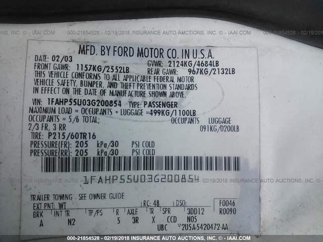 1FAHP55U03G200854 - 2003 FORD TAURUS SES WHITE photo 9