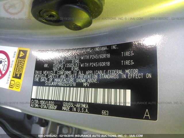 5TDJKRFH8GS237018 - 2016 TOYOTA HIGHLANDER XLE ვერცხლისფერი ფოტო 9