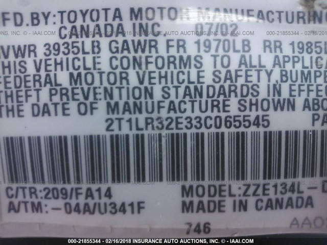 2T1LR32E33C065545 - 2003 TOYOTA COROLLA MATRIX XR BLACK photo 9