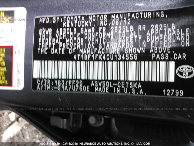 4T1BF1FK4CU134556 - 2012 TOYOTA CAMRY SE/LE/XLE 灰色 照片 9