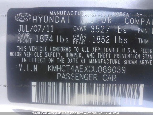 KMHCT4AEXCU089039 - 2012 HYUNDAI ACCENT GLS/GS SILVER photo 9