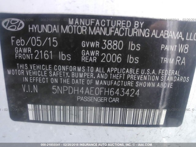 5NPDH4AE0FH643424 - 2015 HYUNDAI ELANTRA SE/SPORT/LIMITED WHITE photo 9