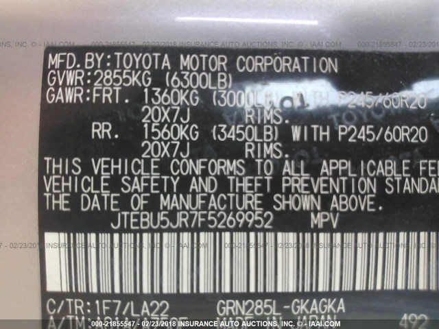 JTEBU5JR7F5269952 - 2015 TOYOTA 4RUNNER SR5/LIMITED/TRAIL/TRD RPO SILVER photo 9