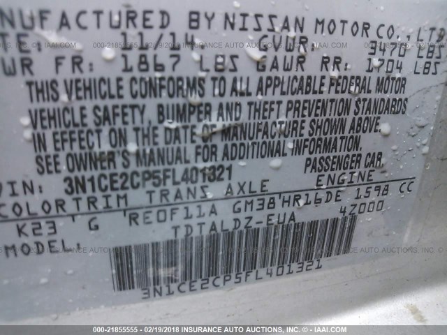 3N1CE2CP5FL401321 - 2015 NISSAN VERSA NOTE S/S PLUS/SV/SL/SR SILVER photo 9