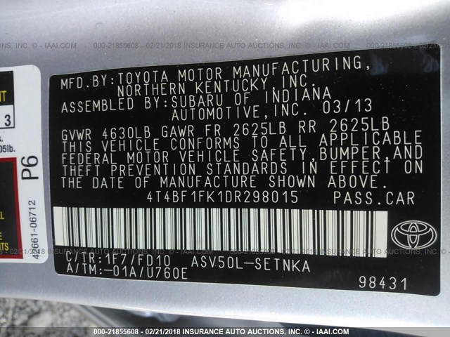 4T4BF1FK1DR298015 - 2013 TOYOTA CAMRY L/SE/LE/XLE 银色 照片 9