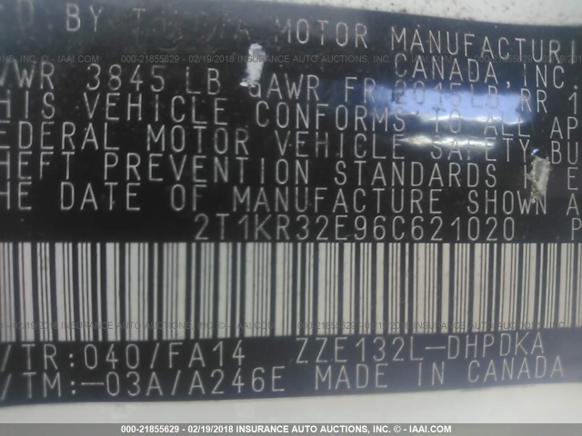 2T1KR32E96C621020 - 2006 TOYOTA COROLLA MATRIX XR WHITE photo 9