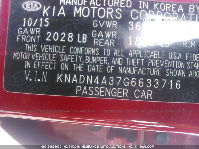 KNADN4A37G6633716 - 2016 KIA RIO EX/SX RED photo 9