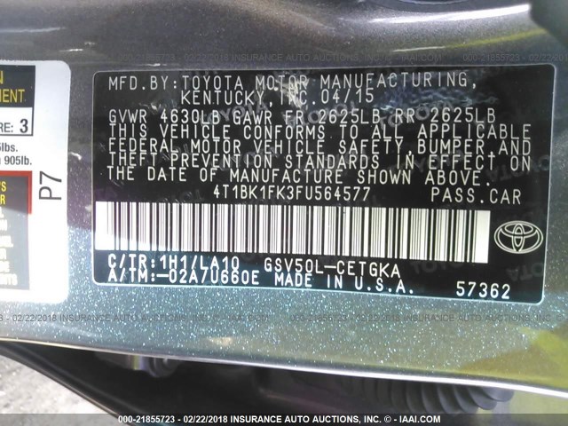 4T1BK1FK3FU564577 - 2015 TOYOTA CAMRY XSE/XLE Boz foto 9