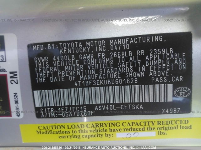 4T1BF3EK0BU601628 - 2011 TOYOTA CAMRY SE/LE/XLE 银色 照片 9