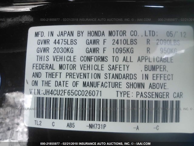 JH4CU2F65CC026071 - 2012 ACURA TSX TECH BLACK photo 9