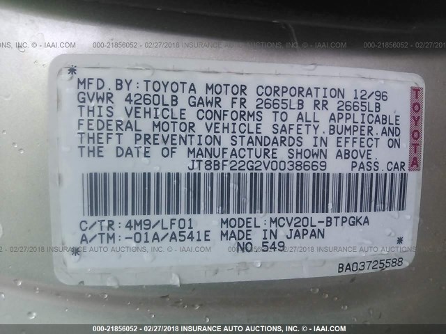 JT8BF22G2V0038669 - 1997 LEXUS ES 300 GOLD photo 9