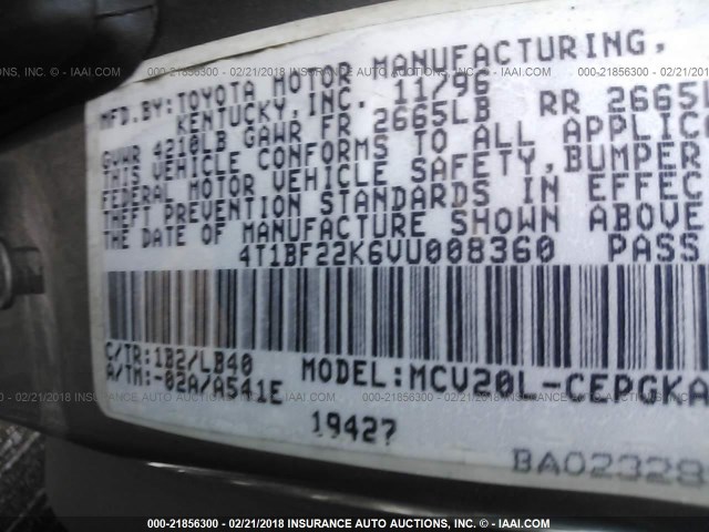 4T1BF22K6VU008360 - 1997 TOYOTA CAMRY CE/LE/XLE GRAY photo 9