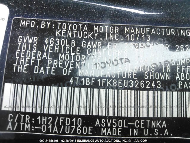 4T1BF1FK8EU326243 - 2014 TOYOTA CAMRY L/SE/LE/XLE 深蓝色 照片 9