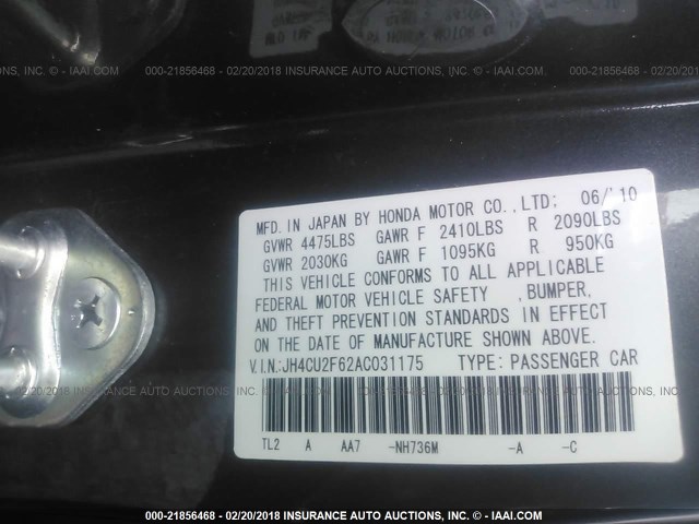 JH4CU2F62AC031175 - 2010 ACURA TSX GRAY photo 9