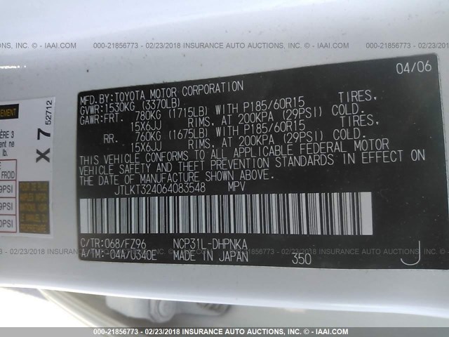 JTLKT324064083548 - 2006 TOYOTA SCION XB WHITE photo 9