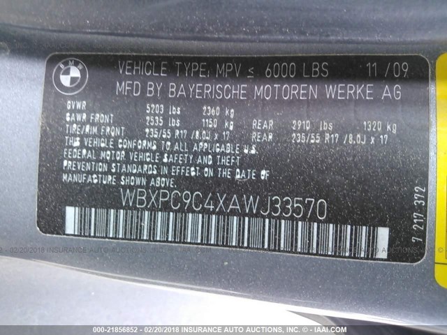 WBXPC9C4XAWJ33570 - 2010 BMW X3 XDRIVE30I GRAY photo 9