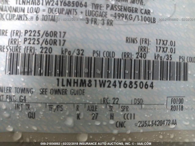 1LNHM81W24Y685064 - 2004 LINCOLN TOWN CAR EXECUTIVE/SIGNATURE თეთრი ფოტო 9