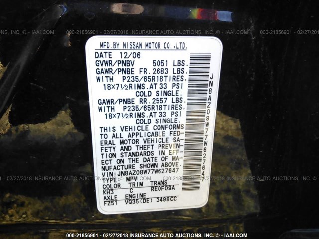 JN8AZ08W77W627647 - 2007 NISSAN MURANO SL/SE/S BLACK photo 9