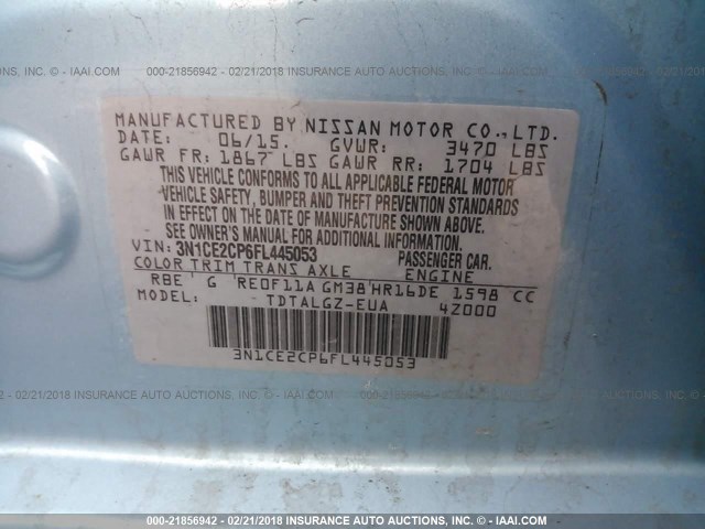 3N1CE2CP6FL445053 - 2015 NISSAN VERSA NOTE S/S PLUS/SV/SL/SR BLUE photo 9