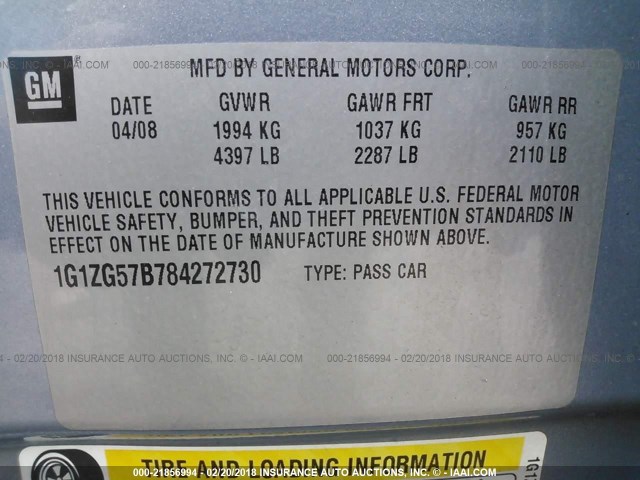 1G1ZG57B784272730 - 2008 CHEVROLET MALIBU LS ნაცრისფერი ფოტო 9