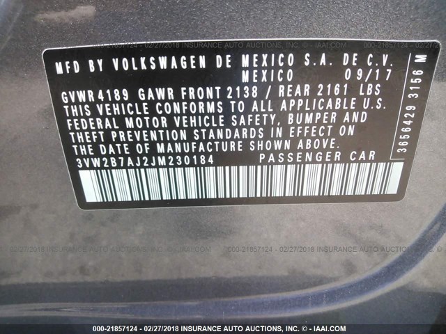 3VW2B7AJ2JM230184 - 2018 VOLKSWAGEN JETTA S 灰色 照片 9