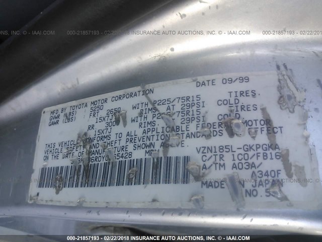 JT3HN86R0Y0265428 - 2000 TOYOTA 4RUNNER SR5 SILVER photo 9