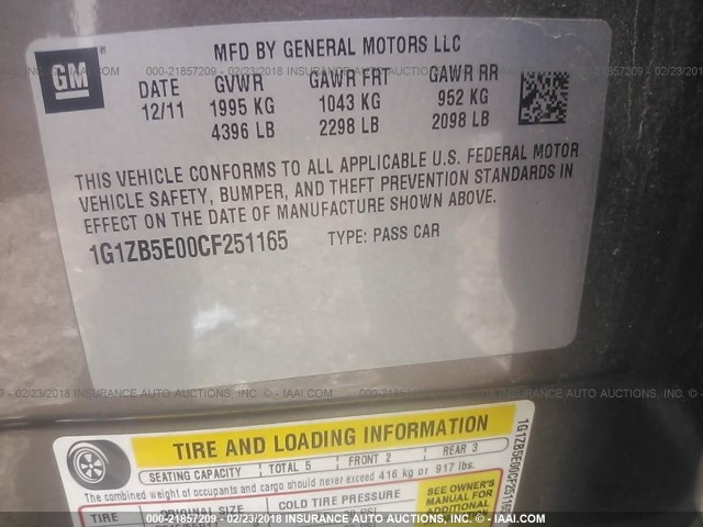 1G1ZB5E00CF251165 - 2012 CHEVROLET MALIBU LS 棕色 照片 9