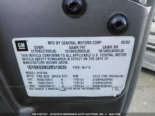 1GYEK63N52R319039 - 2002 CADILLAC ESCALADE LUXURY ვერცხლისფერი ფოტო 9