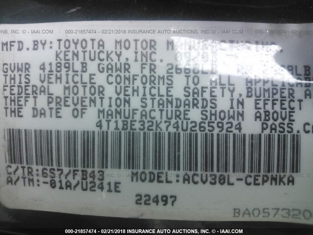 4T1BE32K74U265924 - 2004 TOYOTA CAMRY LE/XLE/SE მწვანე ფოტო 9