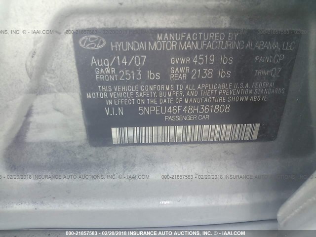 5NPEU46F48H361808 - 2008 HYUNDAI SONATA SE/LIMITED GRAY photo 9