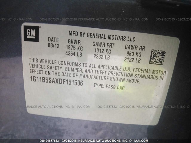 1G11B5SAXDF151506 - 2013 CHEVROLET MALIBU LS 蓝色 照片 9