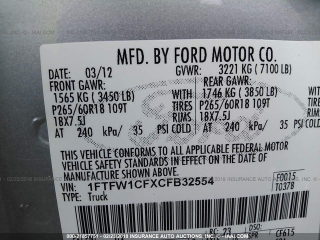 1FTFW1CFXCFB32554 - 2012 FORD F150 SUPERCREW SILVER photo 9