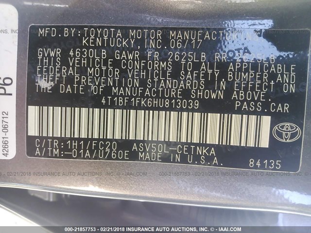 4T1BF1FK6HU813039 - 2017 TOYOTA CAMRY LE/XLE/SE/XSE GRAY photo 9