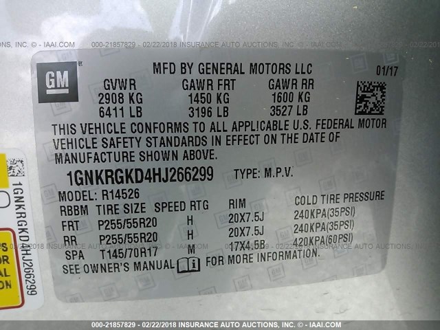 1GNKRGKD4HJ266299 - 2017 CHEVROLET TRAVERSE LT SILVER photo 9