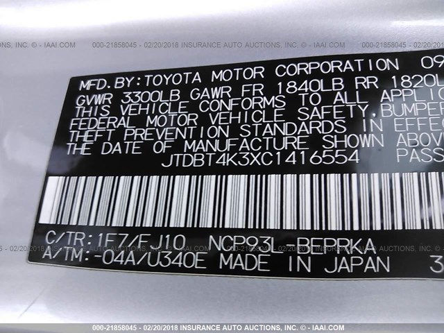 JTDBT4K3XC1416554 - 2012 TOYOTA YARIS SILVER photo 9