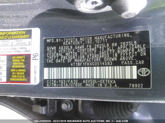 4T1BF1FK4CU514593 - 2012 TOYOTA CAMRY SE/LE/XLE GRAY photo 9