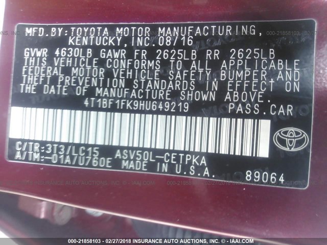 4T1BF1FK9HU649219 - 2017 TOYOTA CAMRY LE/XLE/SE/XSE RED photo 9