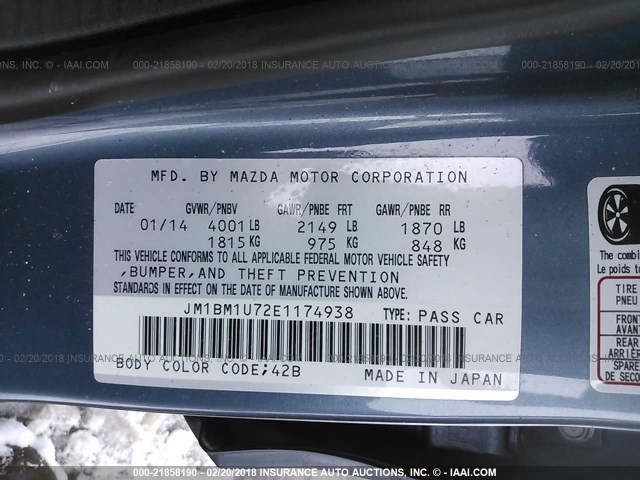 JM1BM1U72E1174938 - 2014 MAZDA 3 SPORT BLUE photo 9