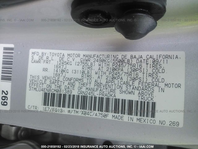 3TMLU4EN8CM081389 - 2012 TOYOTA TACOMA DOUBLE CAB ვერცხლისფერი ფოტო 9