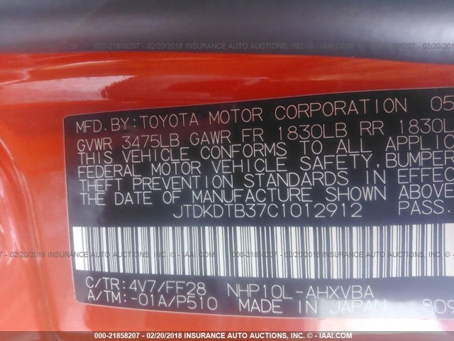 JTDKDTB37C1012912 - 2012 TOYOTA PRIUS C ORANGE photo 9