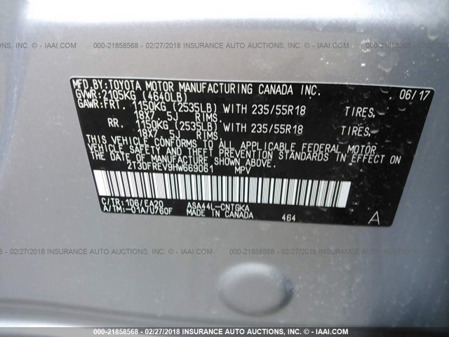 2T3DFREV9HW669061 - 2017 TOYOTA RAV4 LIMITED/SE/PLATINUM SILVER photo 9