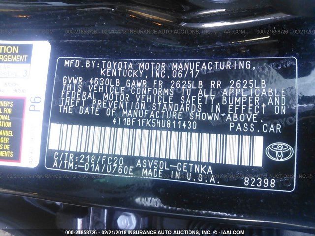 4T1BF1FK5HU811430 - 2017 TOYOTA CAMRY LE/XLE/SE/XSE შავი ფოტო 9