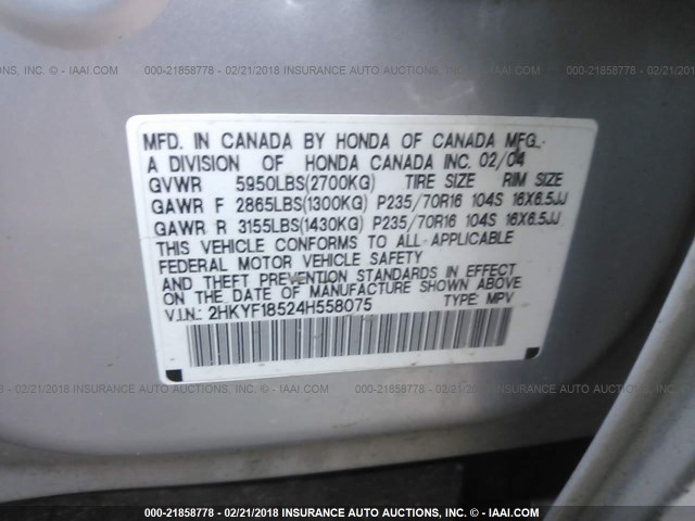 2HKYF18524H558075 - 2004 HONDA PILOT EXL SILVER photo 9