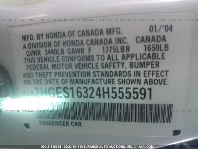 2HGES16324H555591 - 2004 HONDA CIVIC DX VP 白色 照片 9