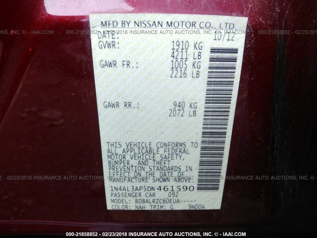 1N4AL3AP5DN461590 - 2013 NISSAN ALTIMA 2.5/S/SV/SL RED photo 9