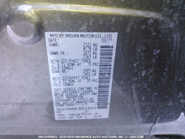 5N1AT2MV9HC802405 - 2017 NISSAN ROGUE SV/SL GRAY photo 9