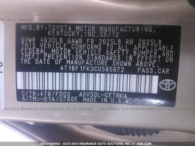 4T1BF1FK3CU585672 - 2012 TOYOTA CAMRY SE/LE/XLE Қоңыр фото 9