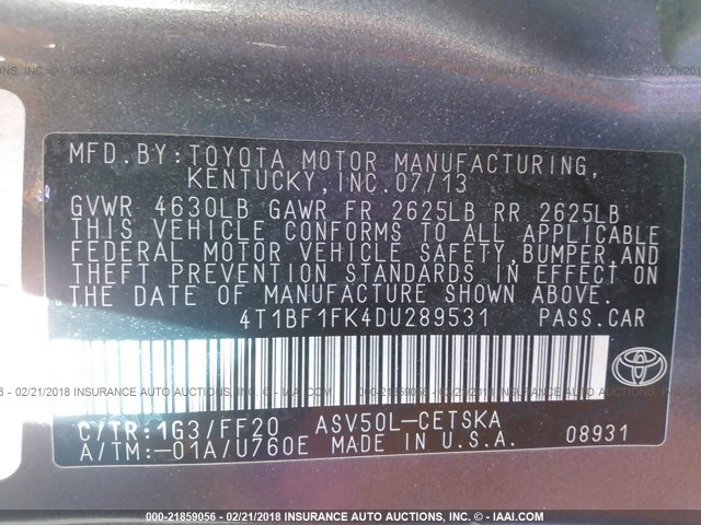 4T1BF1FK4DU289531 - 2013 TOYOTA CAMRY L/SE/LE/XLE GRAY photo 9
